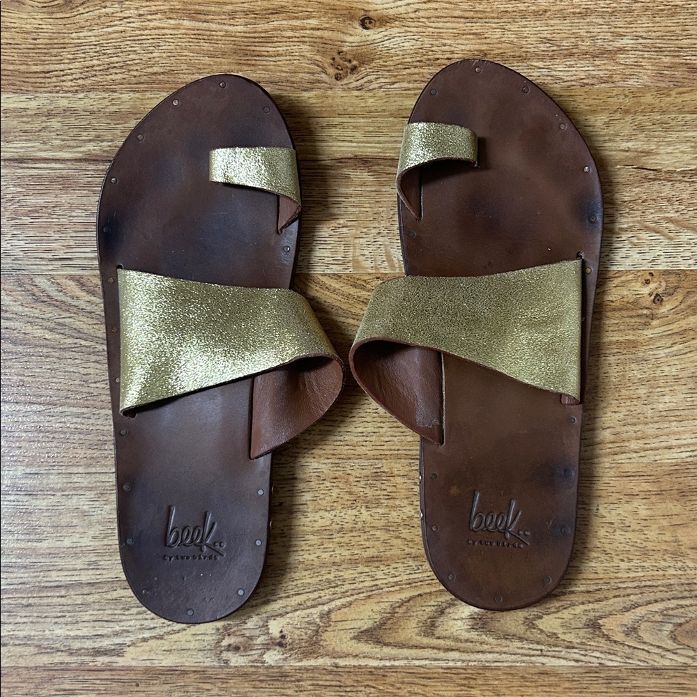Beek Gold and Brown Leather Sandals Size 9 unisex
